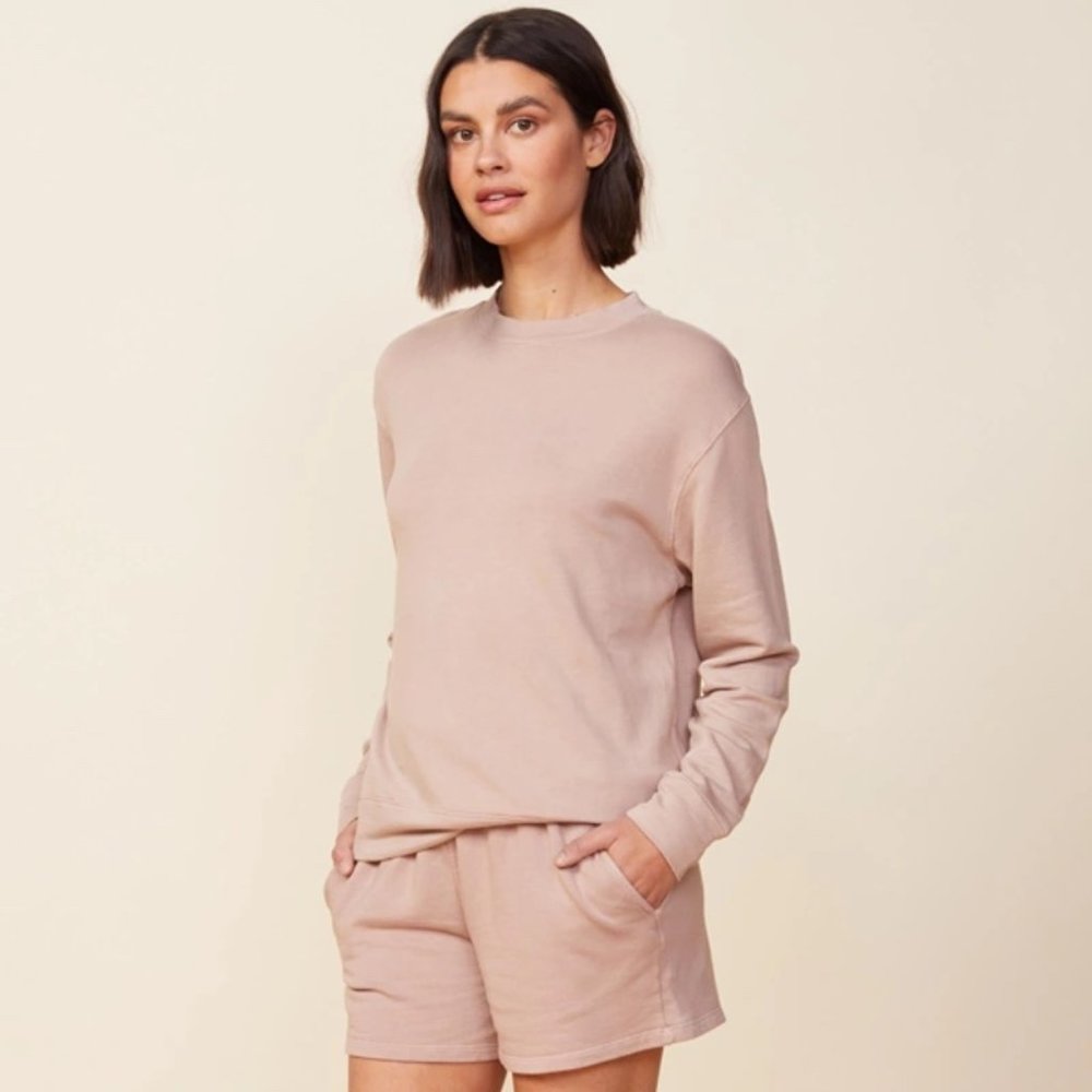 $134 Monrow Supersoft Fleece Boyfriend Sweater Taupe Small